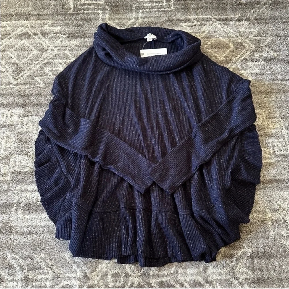 NWT Anthropologie Postmark Orley Ribbed Sparkle Cowl Neck Pullover Sweater Navy